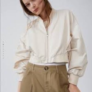 Nylon Water Resistant Zara Cream Cropped Bomber Jacket